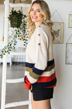 Buttoned Shoulder Drop Shoulder Striped Sweater