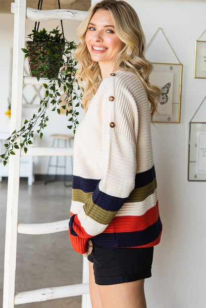 Buttoned Shoulder Drop Shoulder Striped Sweater