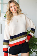 Buttoned Shoulder Drop Shoulder Striped Sweater