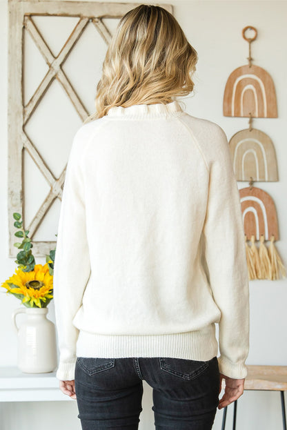Beige Frill Trim Buttoned Knit Pullover Sweater