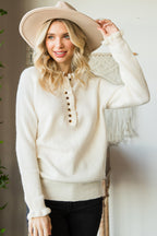 Beige Frill Trim Buttoned Knit Pullover Sweater