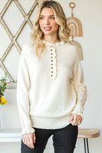Beige Frill Trim Buttoned Knit Pullover Sweater