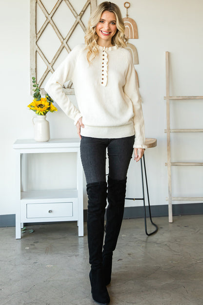 Beige Frill Trim Buttoned Knit Pullover Sweater