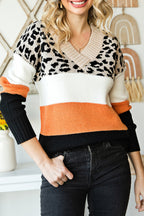 Khaki Leopard Color Block Long Sleeve Sweater