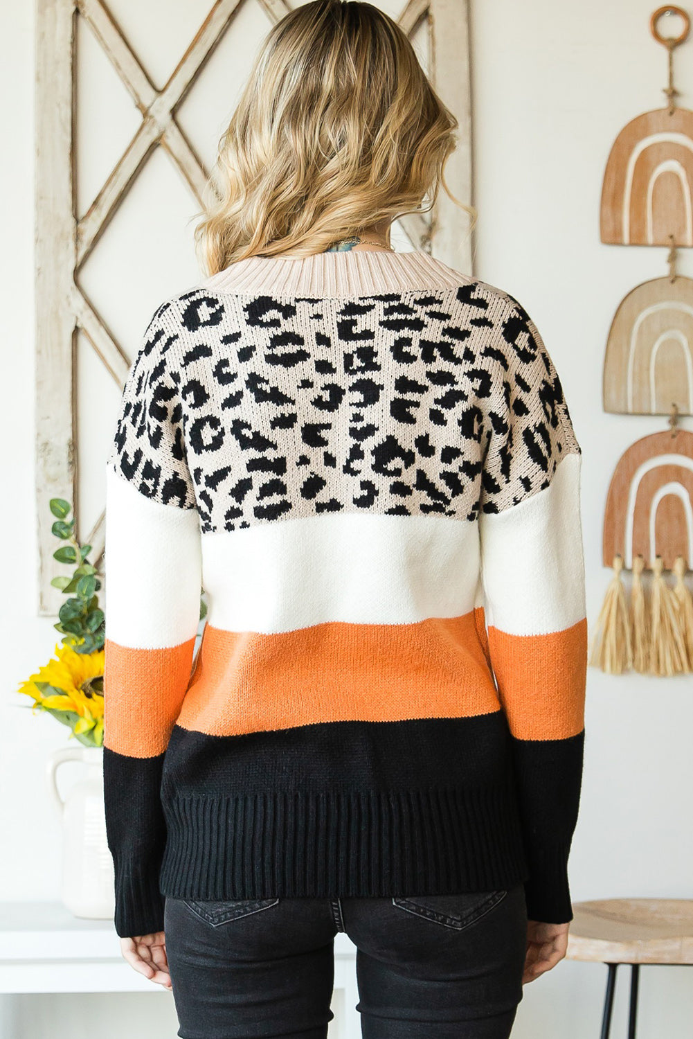 Khaki Leopard Color Block Long Sleeve Sweater