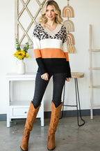 Khaki Leopard Color Block Long Sleeve Sweater