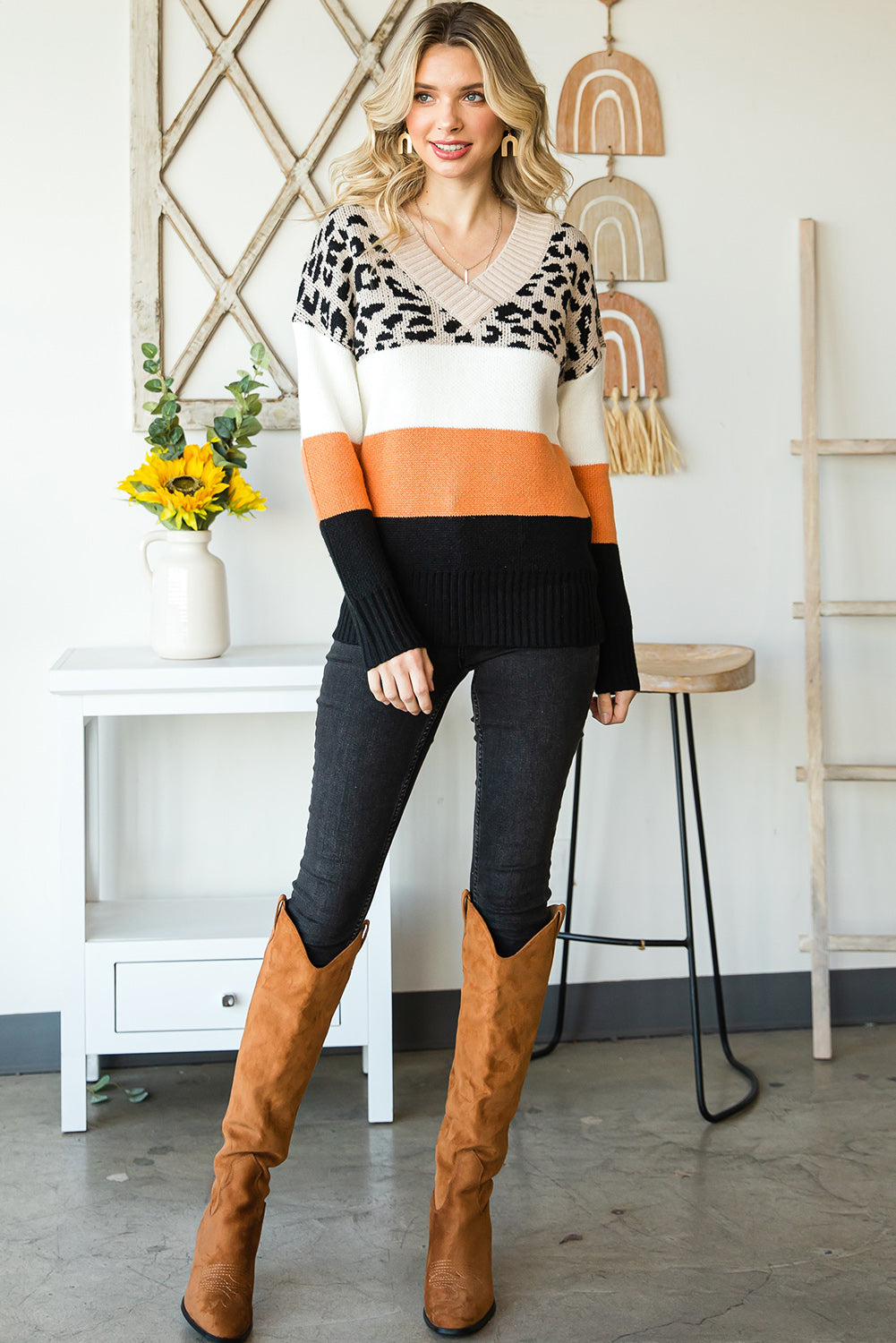 Khaki Leopard Color Block Long Sleeve Sweater