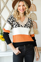 Khaki Leopard Color Block Long Sleeve Sweater
