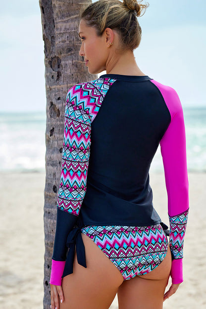 Contrast Blue Detail Long Sleeve Tankini Swimsuit