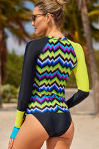 Contrast Blue Detail Long Sleeve Tankini Swimsuit