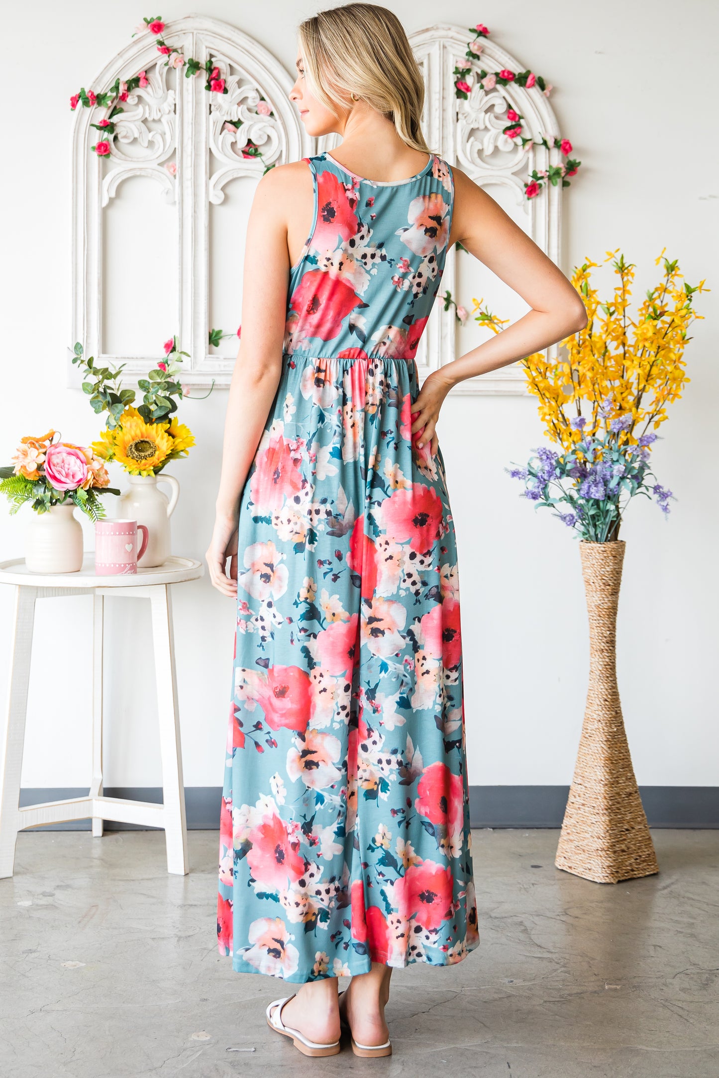 Boho Print Sleeveless High Waist Long Floral Dress