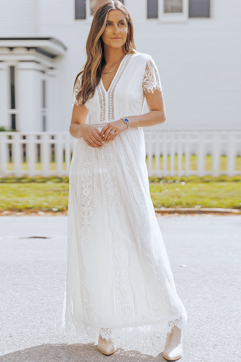 Burgundy Deep V Neck Short Sleeve Lace Maxi Dress