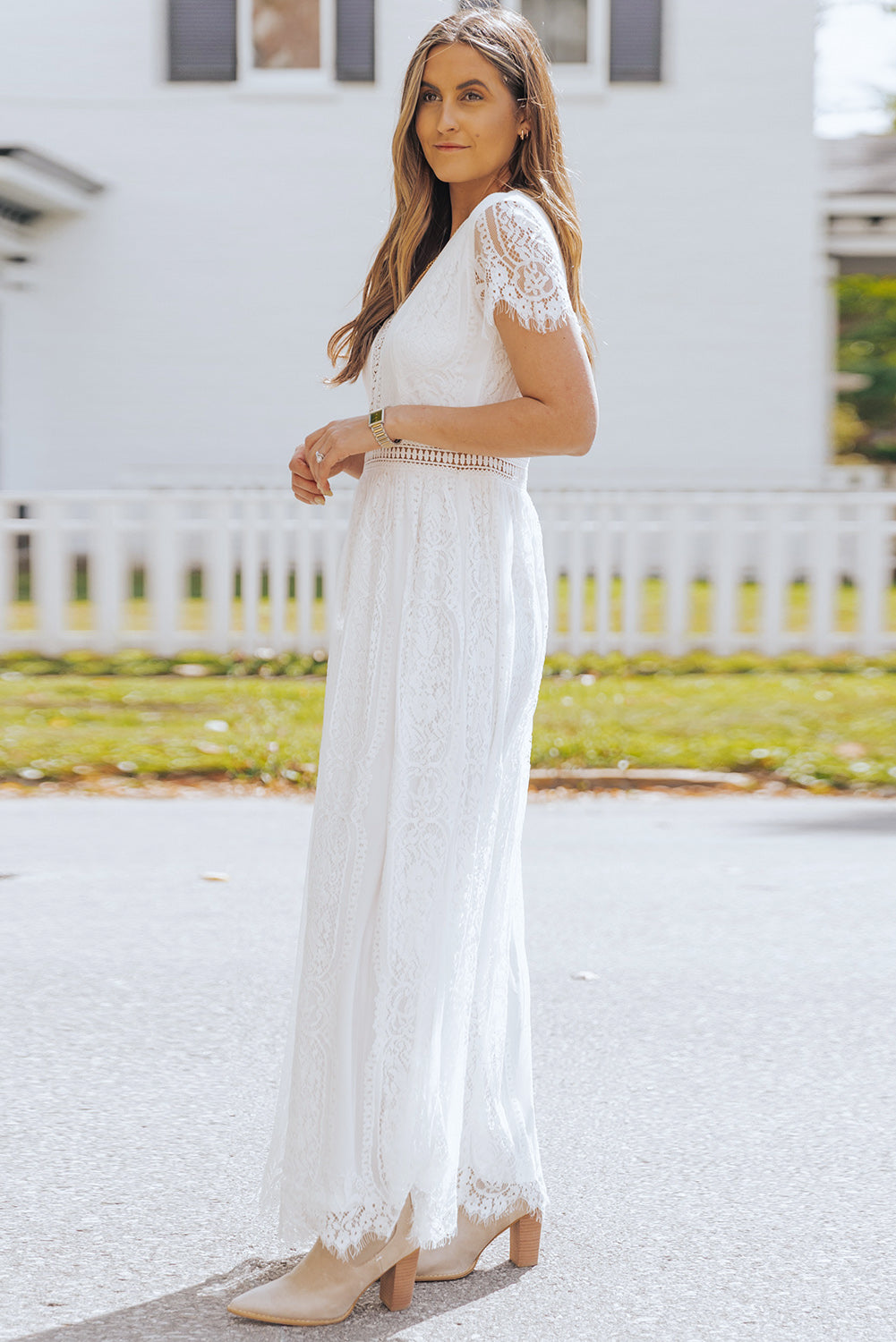 Burgundy Deep V Neck Short Sleeve Lace Maxi Dress