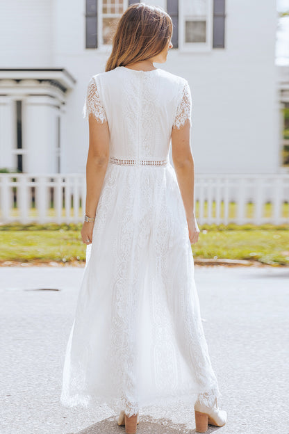 Burgundy Deep V Neck Short Sleeve Lace Maxi Dress