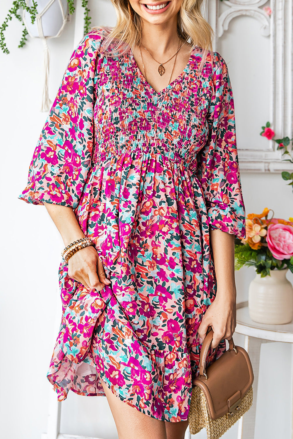 Smocked V Neck Puffy Sleeve Floral Dress