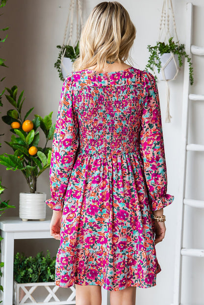 Smocked V Neck Puffy Sleeve Floral Dress