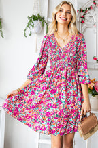 Smocked V Neck Puffy Sleeve Floral Dress