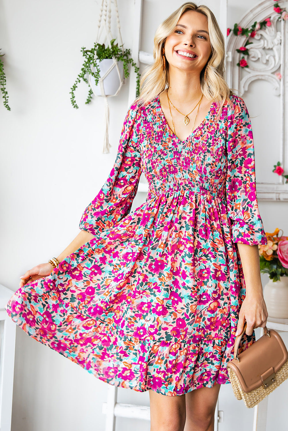 Smocked V Neck Puffy Sleeve Floral Dress