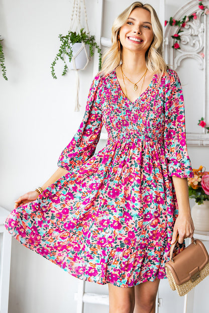 Smocked V Neck Puffy Sleeve Floral Dress