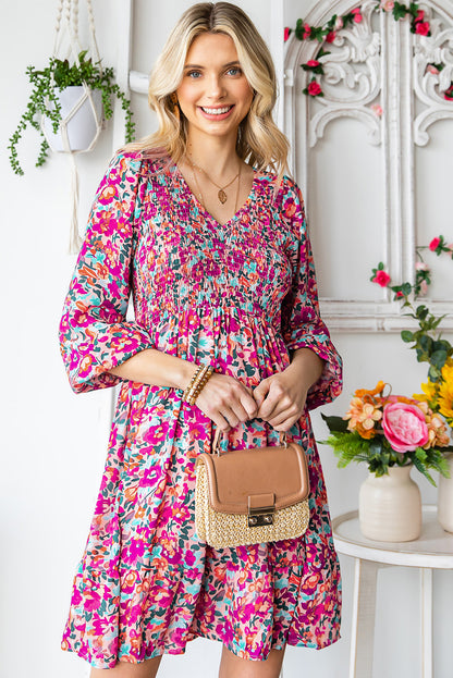 Smocked V Neck Puffy Sleeve Floral Dress