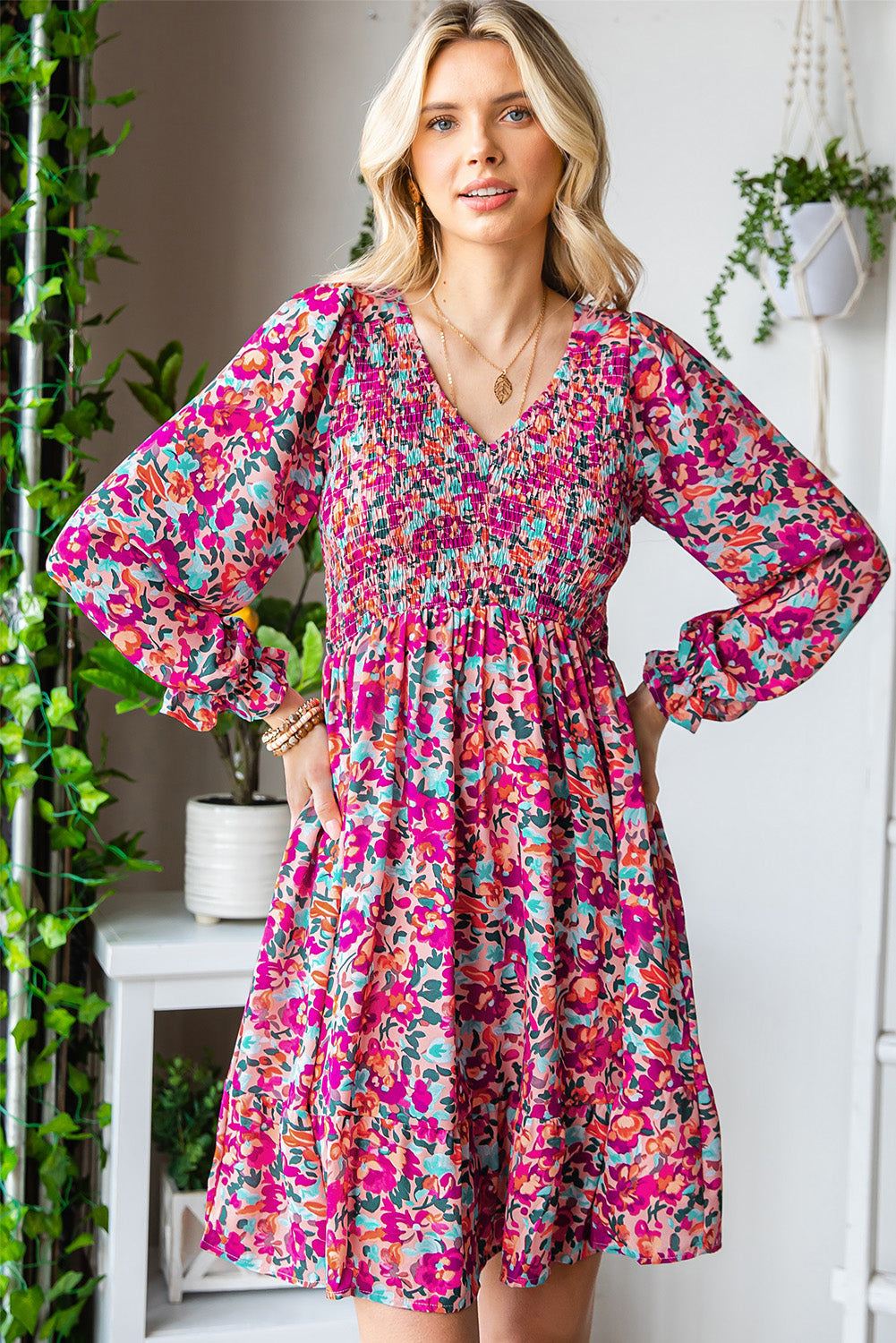 Smocked V Neck Puffy Sleeve Floral Dress