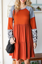 Waffle Knit Leopard Patchwork Long Sleeve Dress
