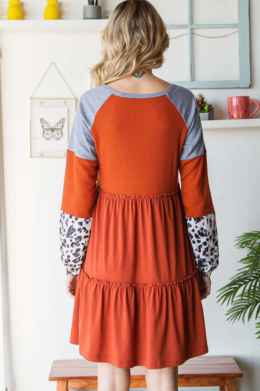 Waffle Knit Leopard Patchwork Long Sleeve Dress