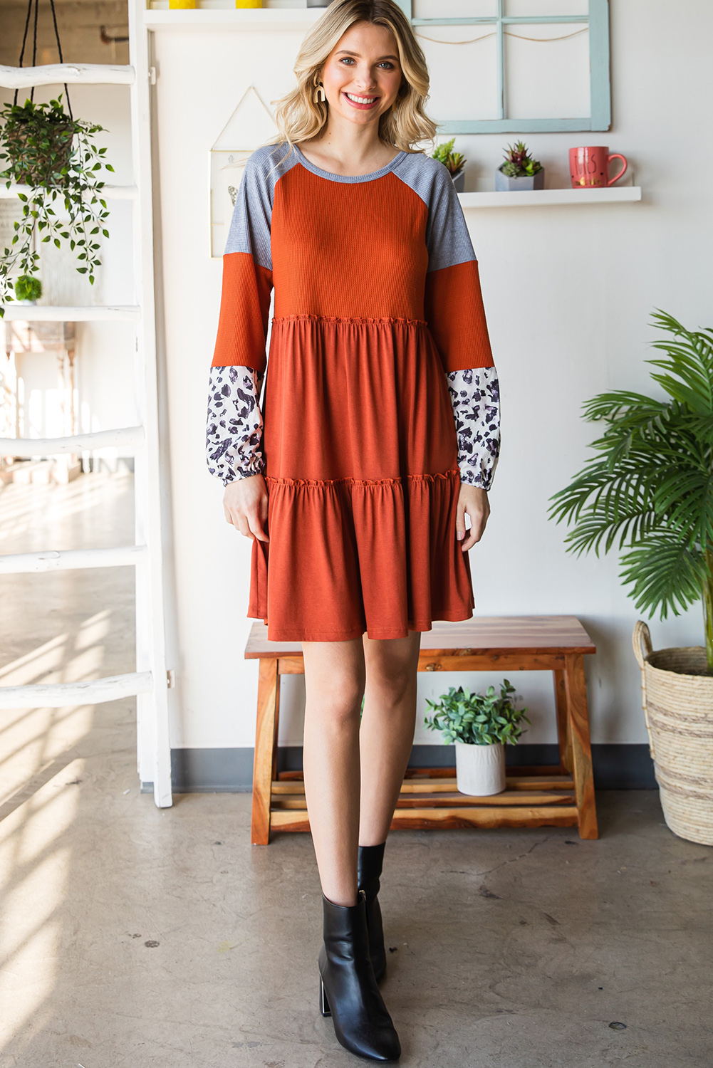 Waffle Knit Leopard Patchwork Long Sleeve Dress