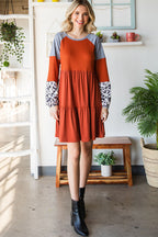 Waffle Knit Leopard Patchwork Long Sleeve Dress