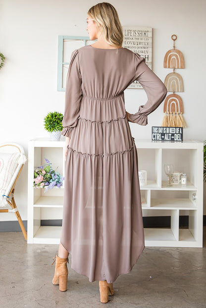 Khaki Tiered Ruffled High Low Long Sleeve Dress