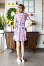 Multicolor Floral Print Lace-up Short Sleeve Mini Dress