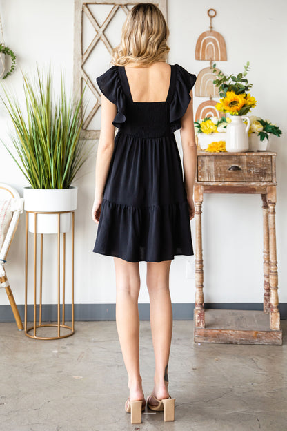 Black Ruffle Trim V Neck Smocking Back Mini Dress
