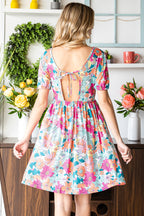Multicolor Floral Print Tie Back Short Sleeve Dress