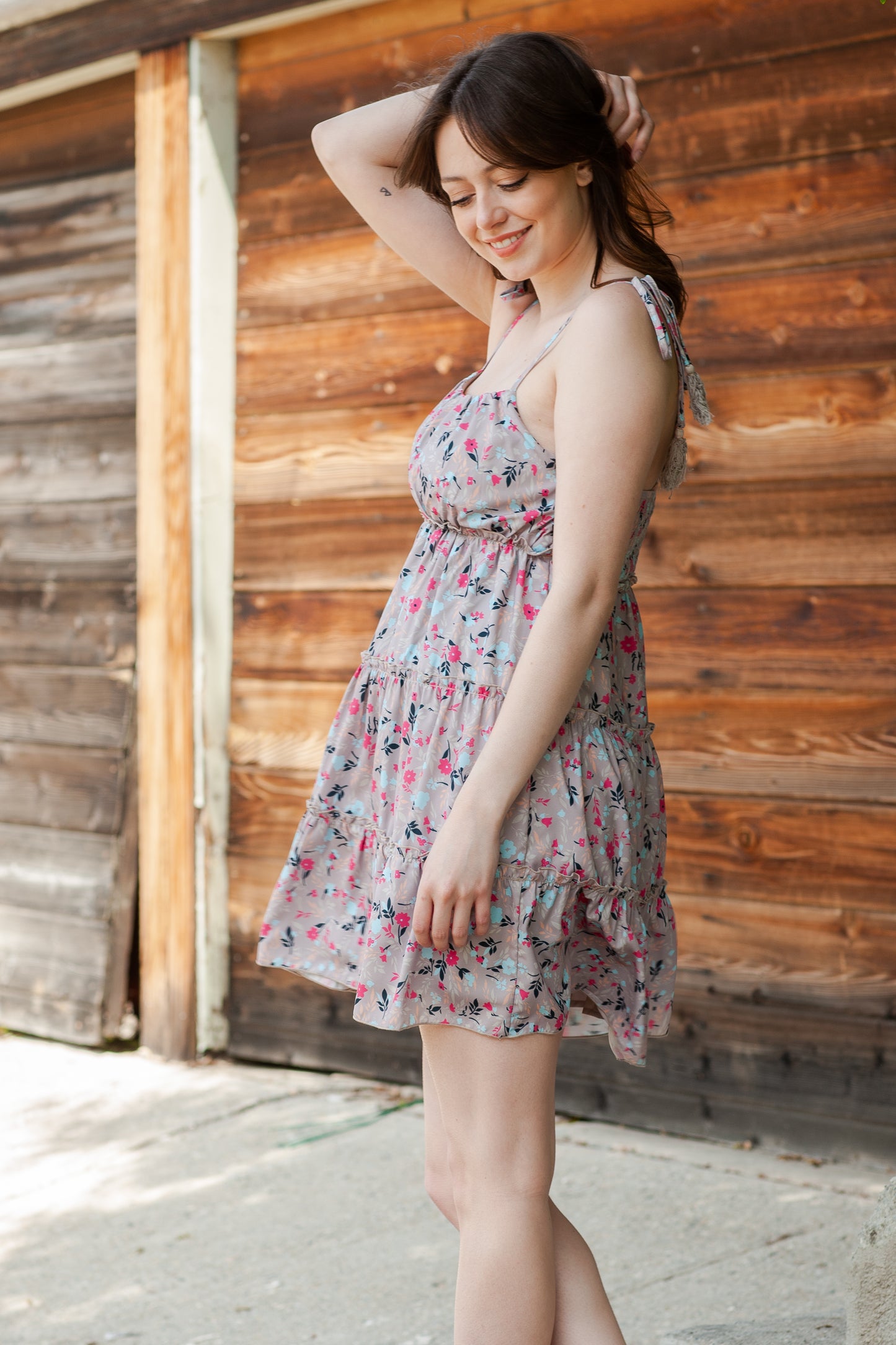 Khaki Flower Print Tiered Frilled Knotted Spaghetti Strap Mini Dress