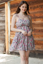 Khaki Flower Print Tiered Frilled Knotted Spaghetti Strap Mini Dress