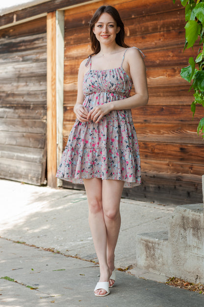 Khaki Flower Print Tiered Frilled Knotted Spaghetti Strap Mini Dress
