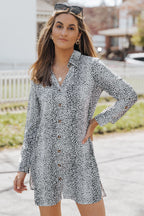 Long Sleeve Leopard Animal Print Shirt Dress