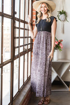 Leopard Patchwork Ribbed Maxi Dress with Pockets