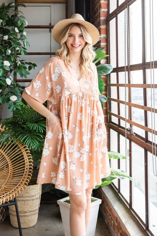 Khaki V Neck Floral Babydoll Dress with Pockets