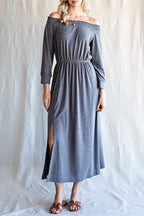 Shirred Off Shoulder Maxi Dress with Split