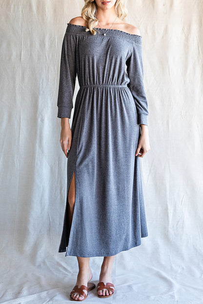 Shirred Off Shoulder Maxi Dress with Split