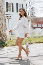 Beige Button Pockets Drawstring Waist Dress