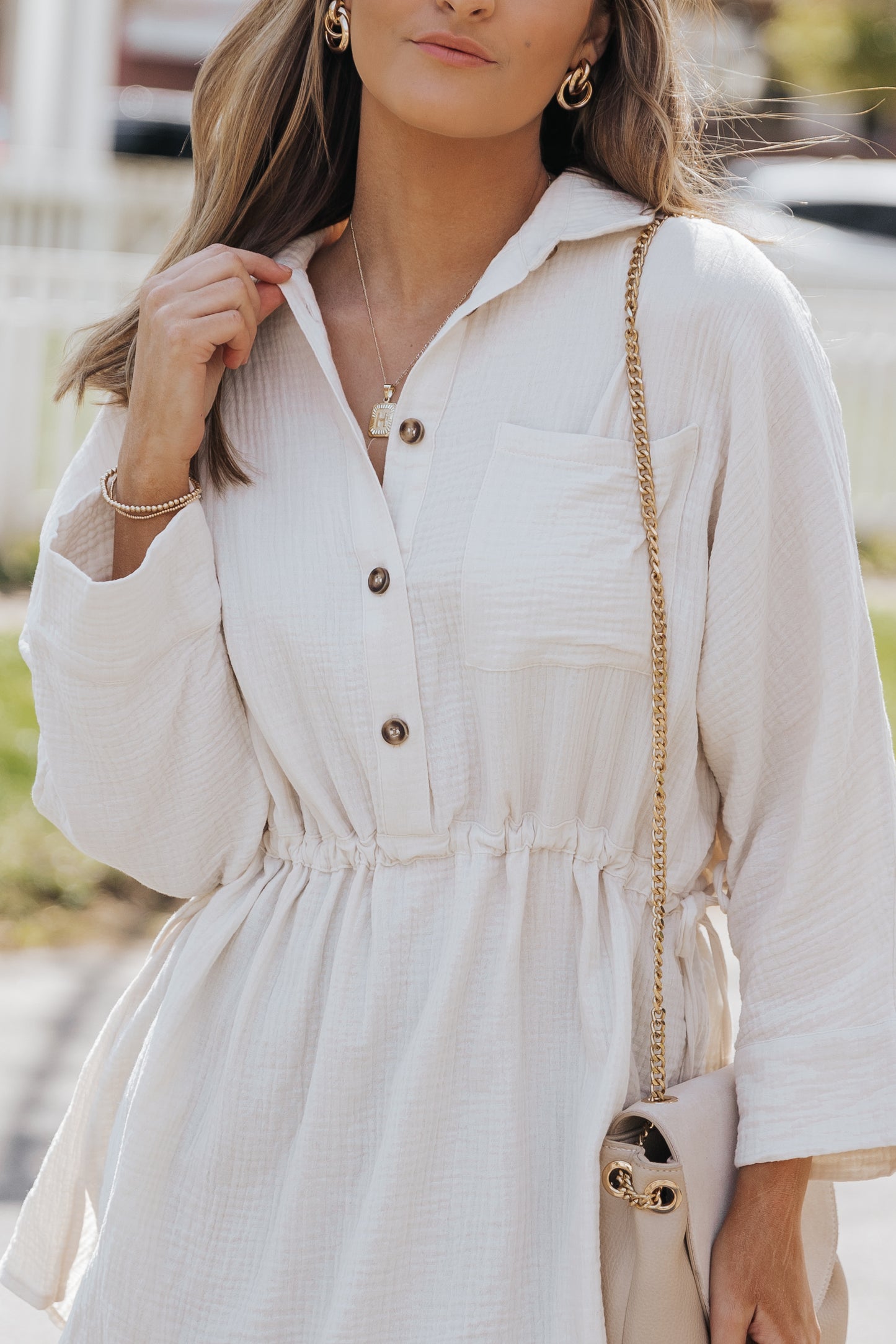 Beige Button Pockets Drawstring Waist Dress