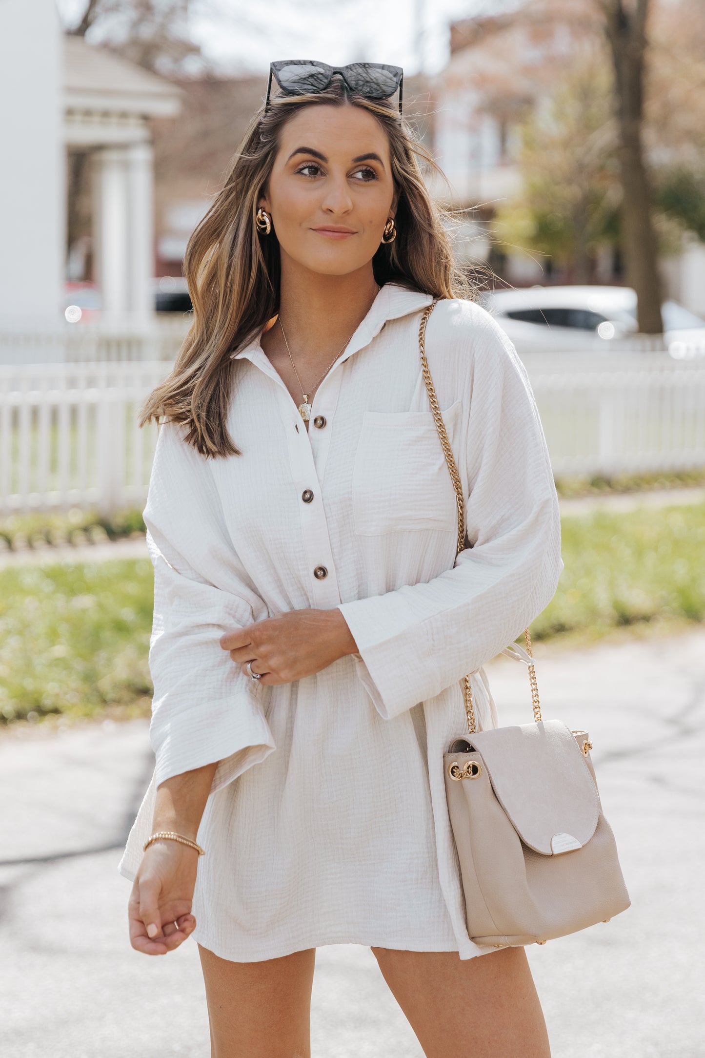 Beige Button Pockets Drawstring Waist Dress