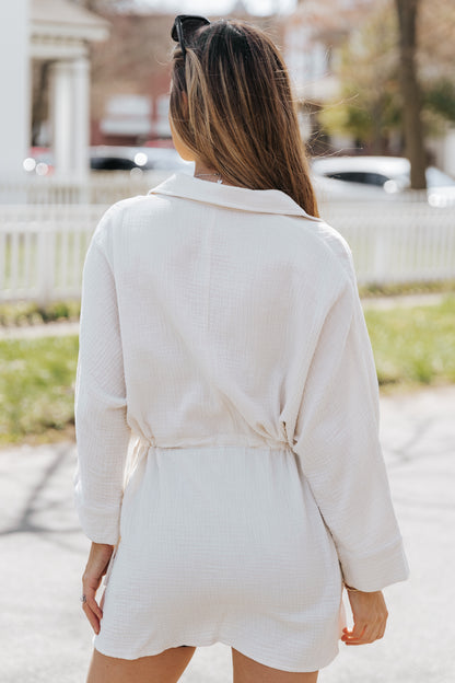 Beige Button Pockets Drawstring Waist Dress