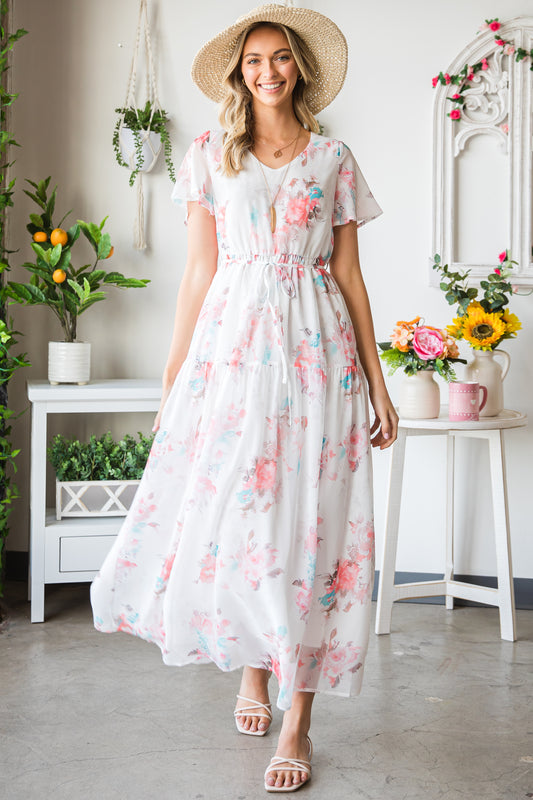 V Neck Short Sleeves Floral Print Maxi Dress