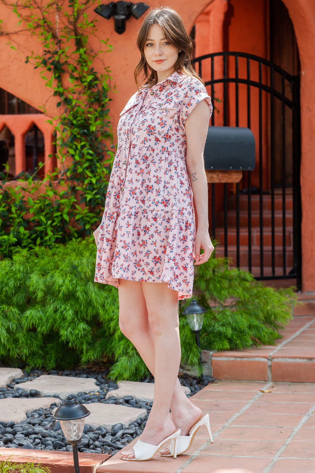 Short Sleeve Flap Pockets Shirt Floral Dress
