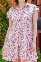 Short Sleeve Flap Pockets Shirt Floral Dress