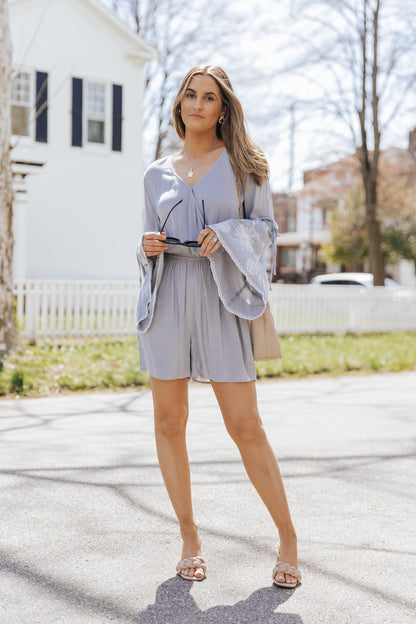 Surplice V Neck Floral Bell Sleeve Romper