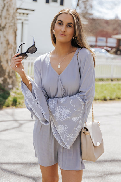 Surplice V Neck Floral Bell Sleeve Romper